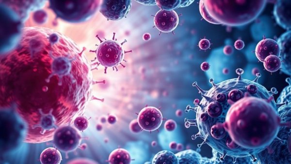 Abstract imagery of cancer biology, immunotherapy, and aging interplay.