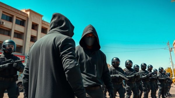 Tense standoff scene with ICE officers under a blue sky.