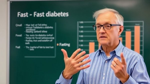 Data presentation on fasting diabetes management with speaker in suit.