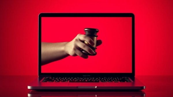 Gavel and hand emerging from laptop screen, symbolizing digital law.
