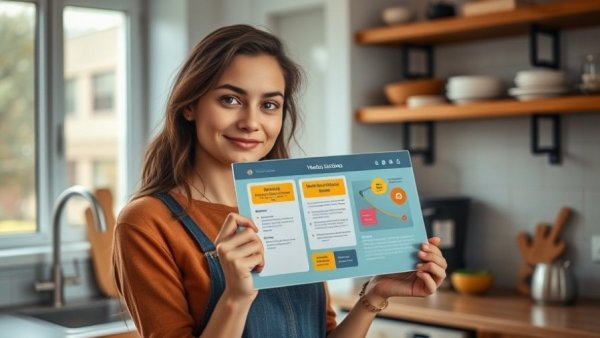 Coconut Health Benefits infographic, young woman in kitchen.
