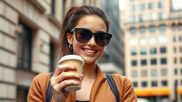 Stylish woman wearing sunglasses, enjoying coffee, urban background.