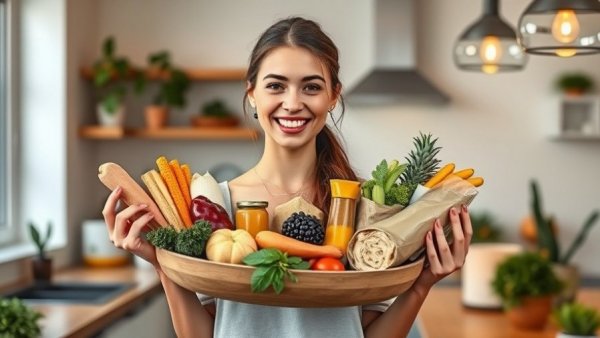 Confident woman discussing best fiber sources in kitchen backdrop.