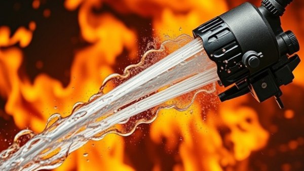 Fire hose nozzle douses fire; dynamic action scene.
