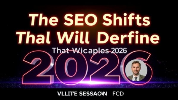 Webinar on SEO shifts for 2026 with speaker icons, Local SEO tips.