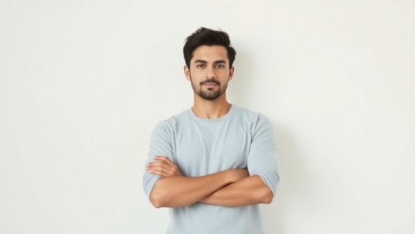 Individual confidently standing with crossed arms, white background.