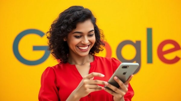 Woman with phone and Google logo reflecting user intent insights.