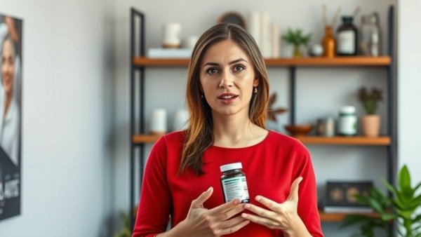 Focused woman discussing hidden toxins in supplements indoors with decor.