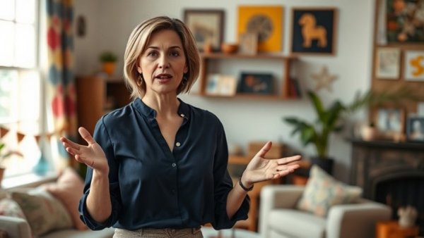 Woman discussing supplements for longevity in a cozy room.