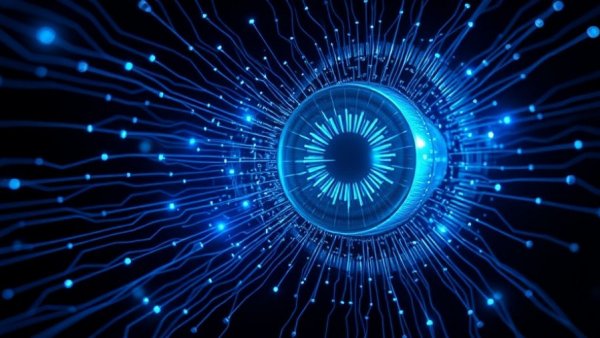 Futuristic abstract digital eye design simulating eye strain wellness device.