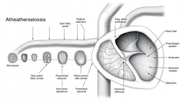 Diagram explaining atherosclerosis progression stages, highlighting heart disease risk.