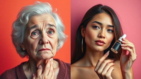 Anti-aging skincare debate with puzzled woman and serene serum application.