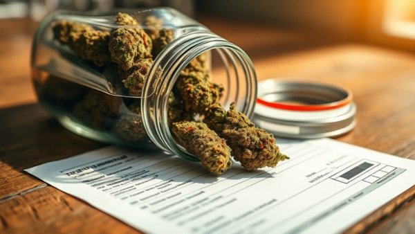 Glass jar with cannabis buds on prescription paper, Medical Marijuana Reschedule.
