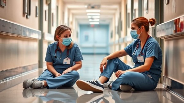 Nurses in hospital hallway showing concern, highlighting nursing shortage workplace violence.