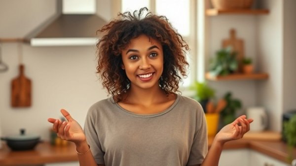 Woman explaining health benefits of nuts in a kitchen.