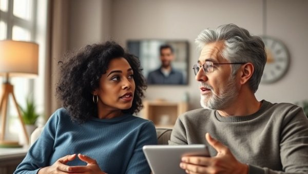 Engaged video call discussing nervous system repair, cozy setting.