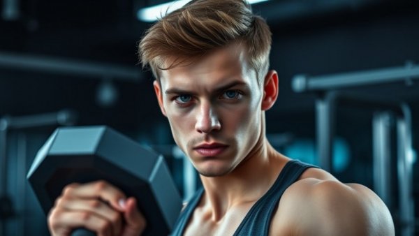Young man weight training with a dumbbell for muscle mass and strength.
