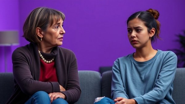 Stop bloating concept with concerned woman and young woman in discomfort.