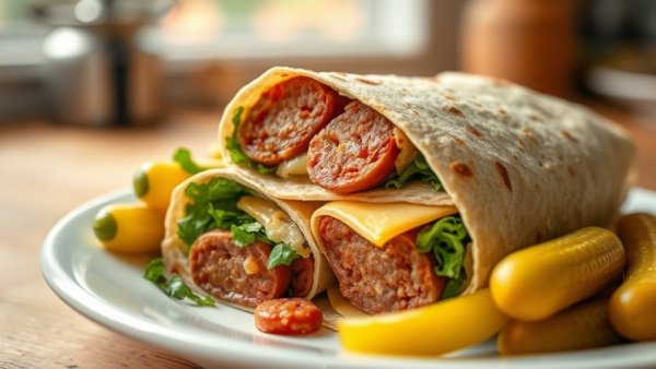 Keto diet wrap with sausage and cheese served with pickles.