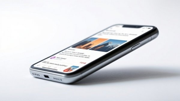 Modern smartphone displaying news articles, sleek design.