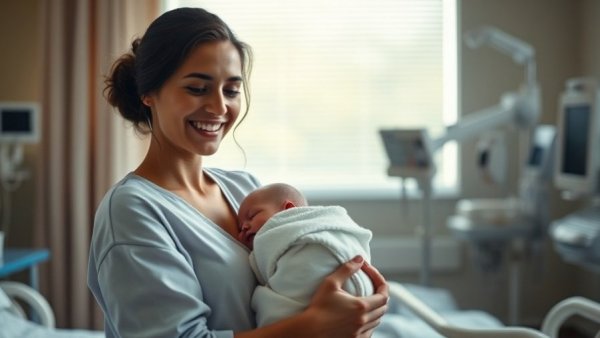Happy mother holding baby in hospital room, maternal overdose deaths in Colorado.