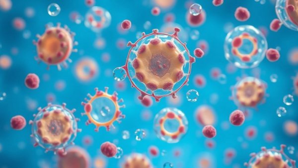 Microscopic healthy cells floating, illustrating cellular reprogramming for longevity.