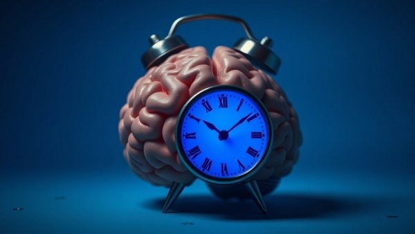 Impact of blue light on sleep, represented by a blue alarm clock within a brain model.