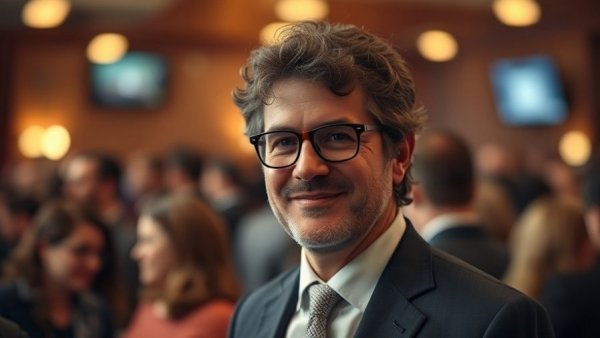 Curly-haired man smiling in a suit within a warm, blurred crowd.