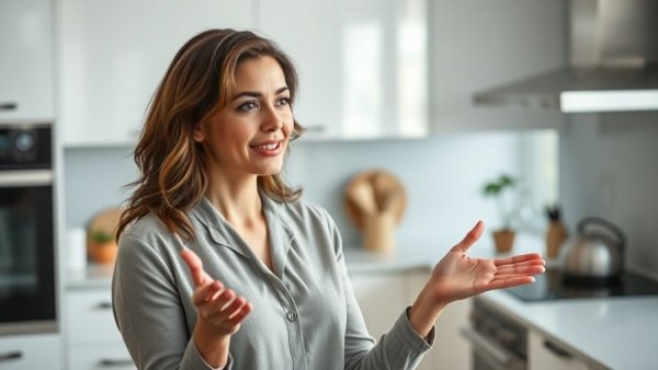 Woman sharing sugar addiction tips in a modern kitchen.