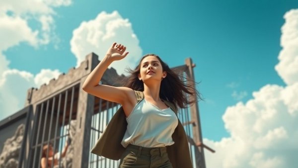 Young woman breaking free from a stormy cage in 2D illustration.