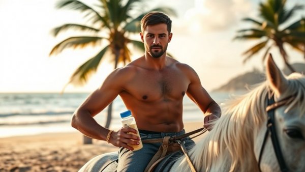 Confident man on horse with body wash at beach, branding strategies for small businesses.