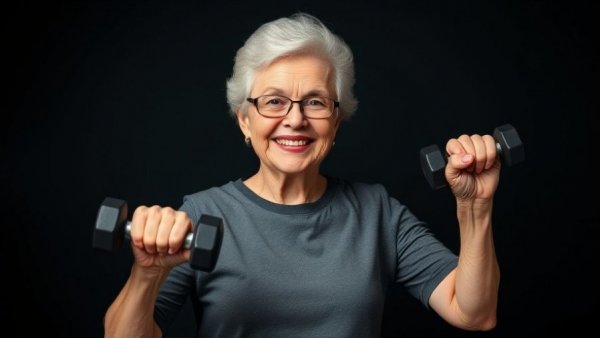 Resistance exercise training shown by elderly woman lifting dumbbell.