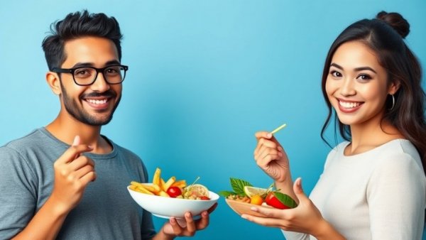 Two individuals sharing eating tips for longevity, blue background.