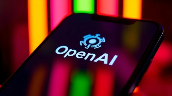 OpenAI logo on smartphone screen with neon background, illustrating Caitlin Kalinowski resignation impact on SMB.