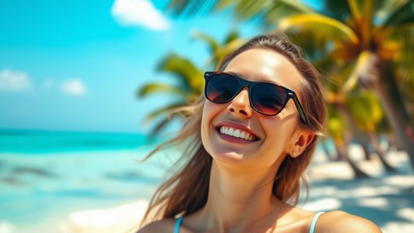 Woman enjoying sun exposure on tropical beach for longevity, vibrant scene.