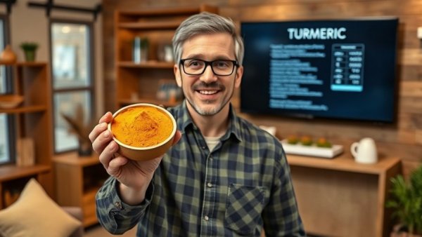 Enthusiastic presenter discusses turmeric benefits in studio.