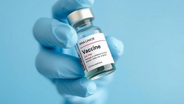 Close-up of mRNA cancer vaccine vial held by gloved hand.