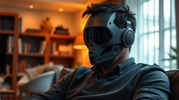 Man with robot mask pondering in a living room, highlighting digital marketing.