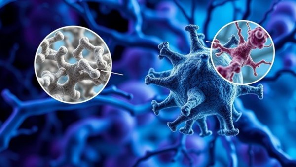 Illustration of mRNA in Alzheimer's treatment showing amyloid and tau proteins.