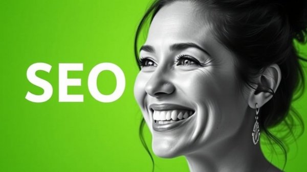 Stylized SEO-themed graphic with a woman's portrait on green background.