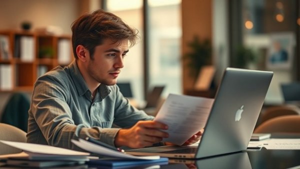 Young man reviewing health insurance documents at a laptop.