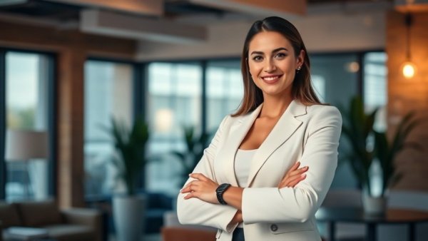 Professional woman discussing forehead headaches indoors.