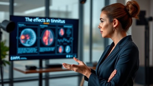 Professional woman discussing EMF and Tinnitus in a studio.