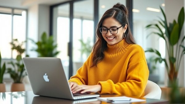 Woman in yellow sweater working on a laptop in a modern office.