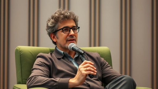 Curly-haired man speaking into a microphone on a green chair.