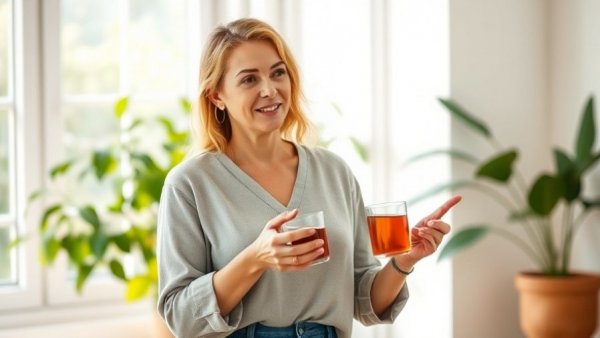 Confident woman discusses healing teas for longevity in a bright room.