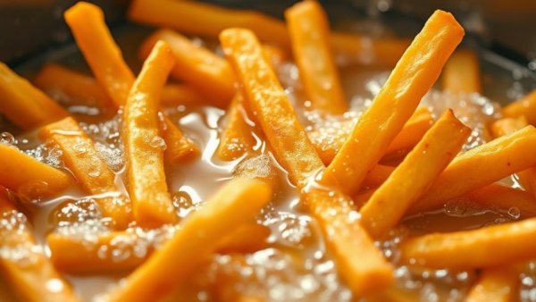 Golden french fries frying, sizzling in hot oil, glycidol in fried foods.