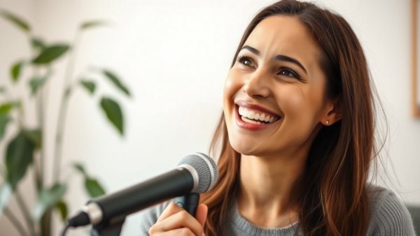 Smiling woman with microphone discussing longevity in a cozy setting