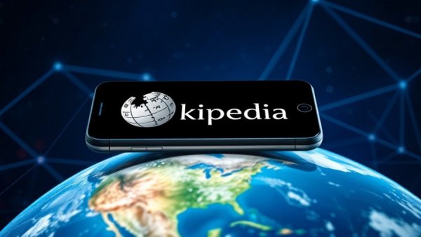 Smartphone with Wikipedia logo over digital globe illustrating AI in content creation