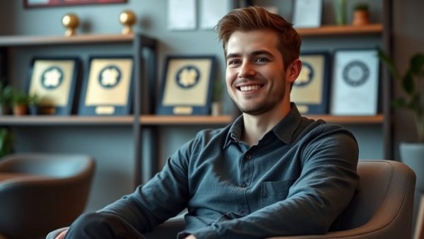 Confident young man in modern office, discussing best marketing tools for SMBs.